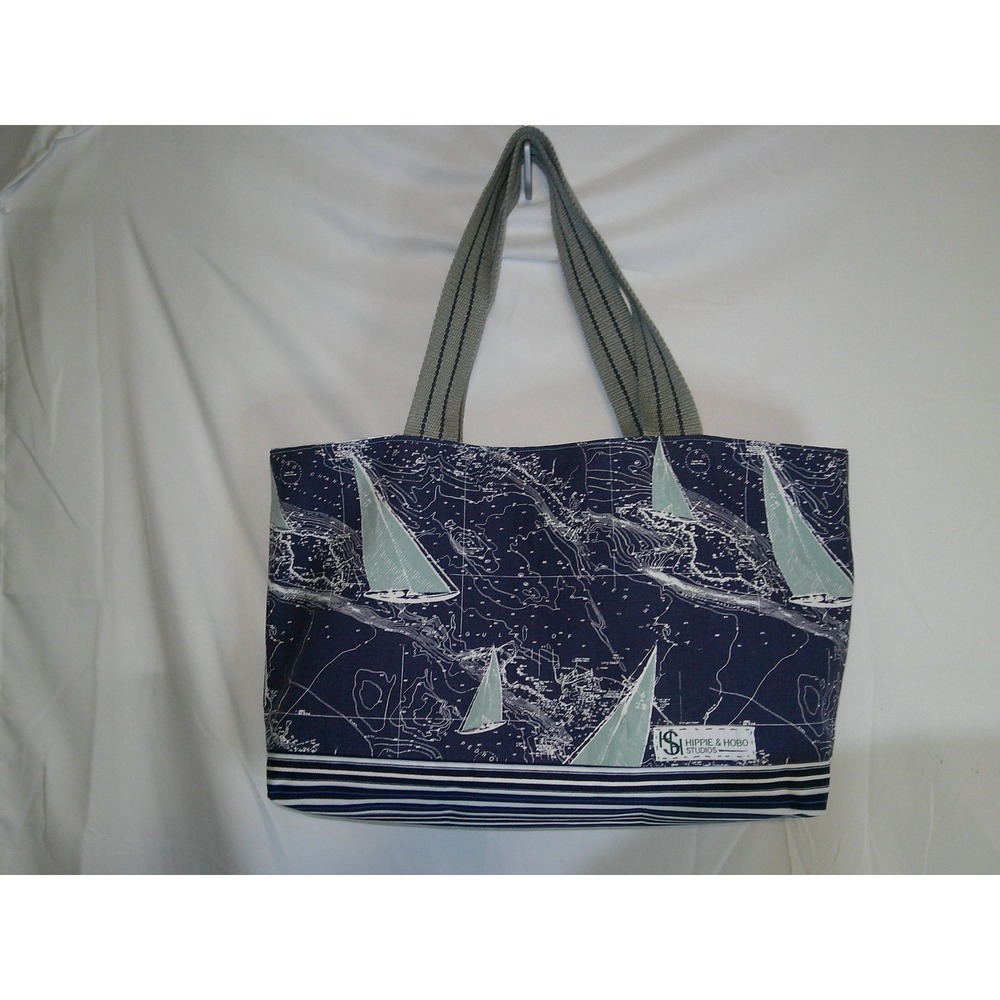 Hippie & Hobo Studios Handmade Nautical Sailboat Map‎ Tote Bag Beach Travel Blue